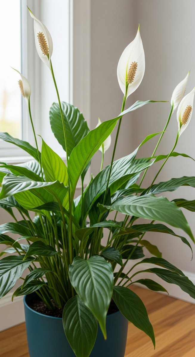 a peace lilies plant showing lush healthy growth after fertilizing, for fertilizing peace lilies