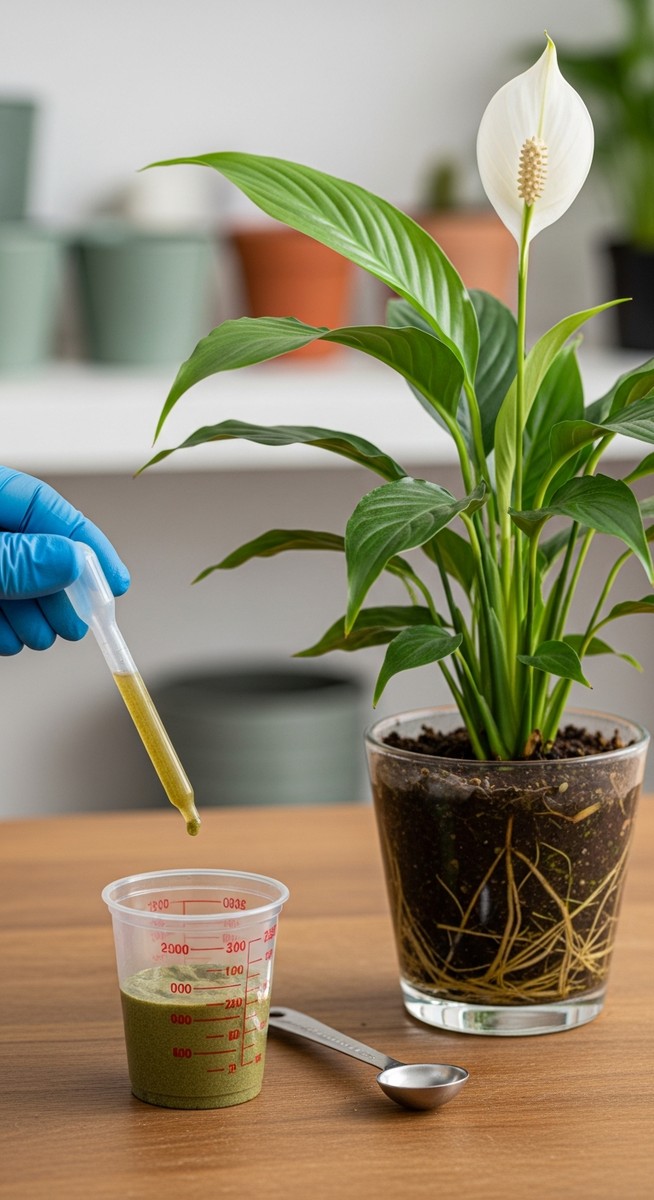 close-up of liquid fertilizer being measured next to a peace lilies plant