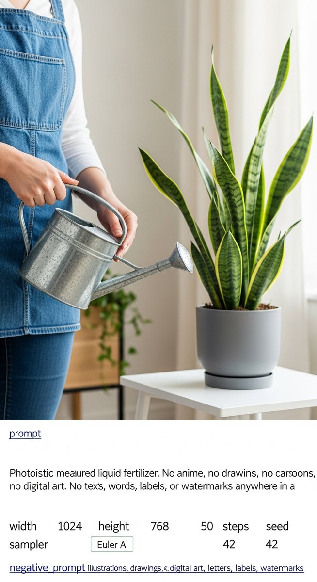 hands adding liquid fertilizer to a watering can next to a snake plant plant