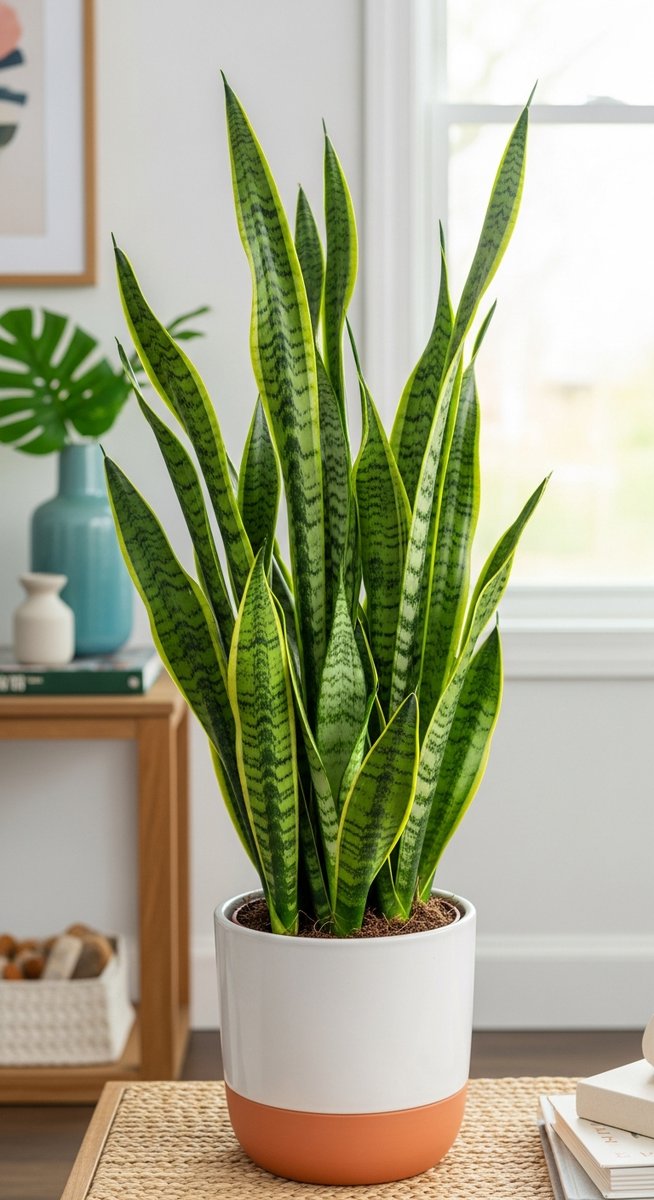 a healthy well-fertilized snake plant plant with lush green leaves