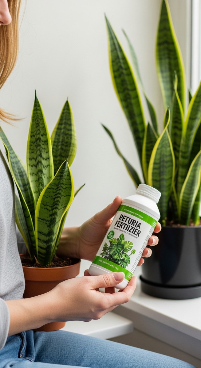 a person reading a fertilizer label standing next to a snake plant plant, for fertilizing snake plants