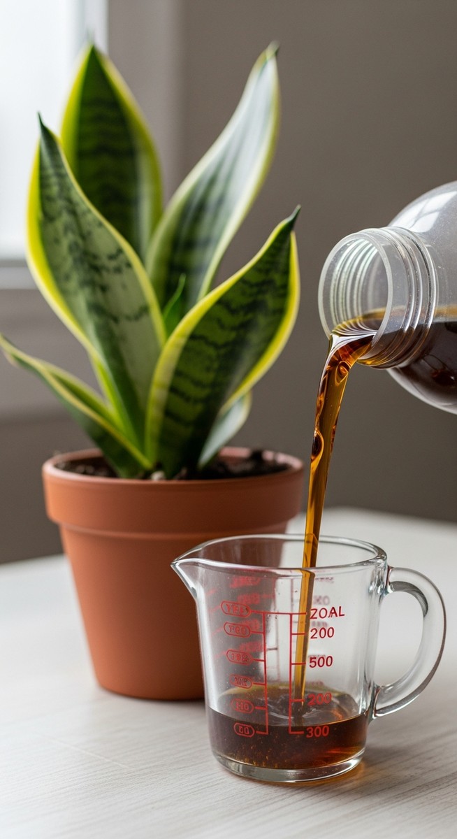 close-up of liquid fertilizer being measured next to a snake plant plant