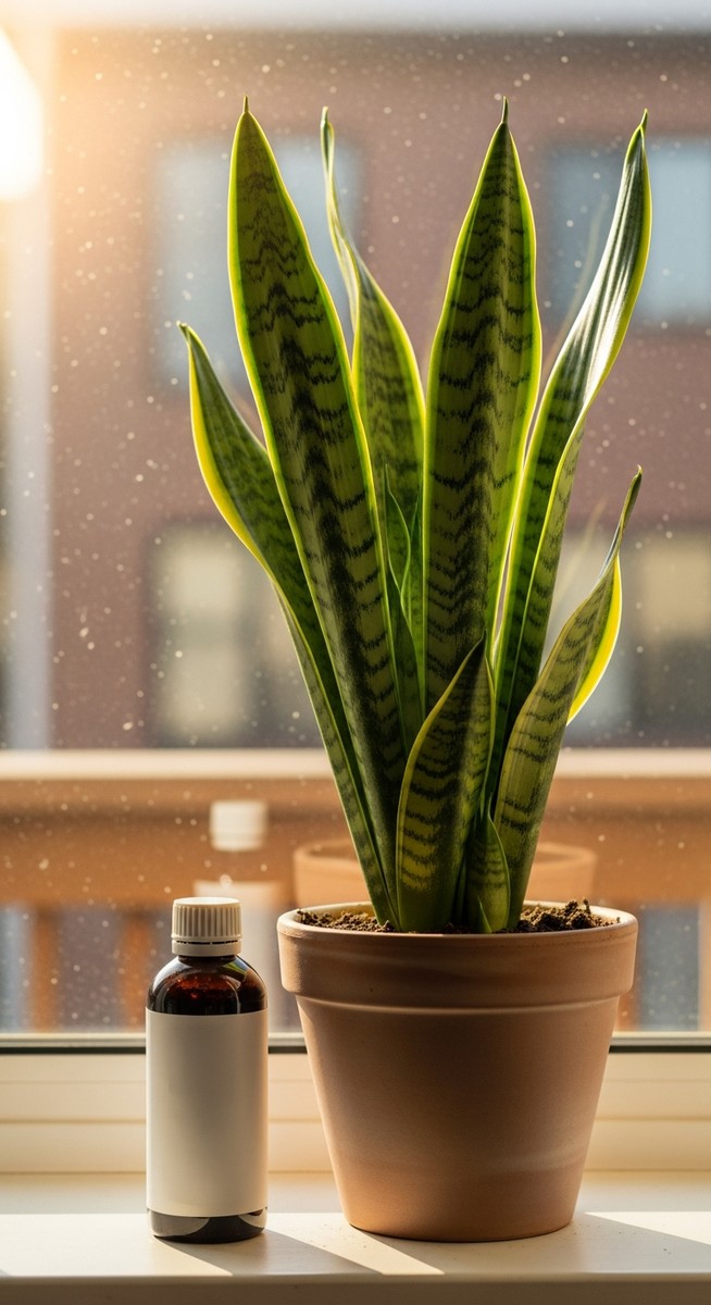 a fertilizer bottle placed next to a thriving snake plant plant on a windowsill