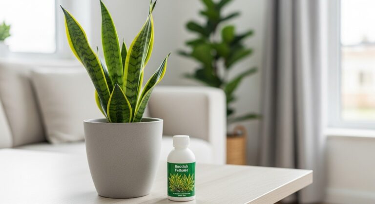 a snake plant plant next to a bottle of liquid plant fertilizer, for fertilizing snake plants