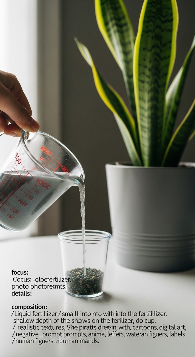 close-up of liquid fertilizer being measured next to a snake plant plant