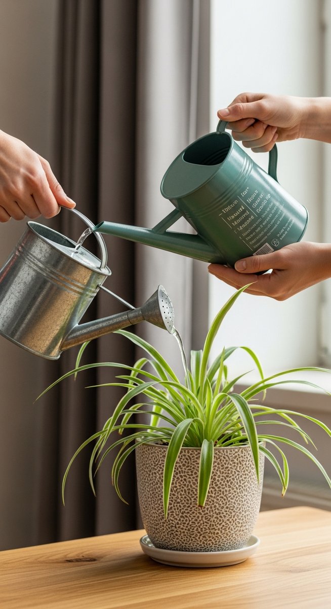 hands adding liquid fertilizer to a watering can next to a spider plant plant