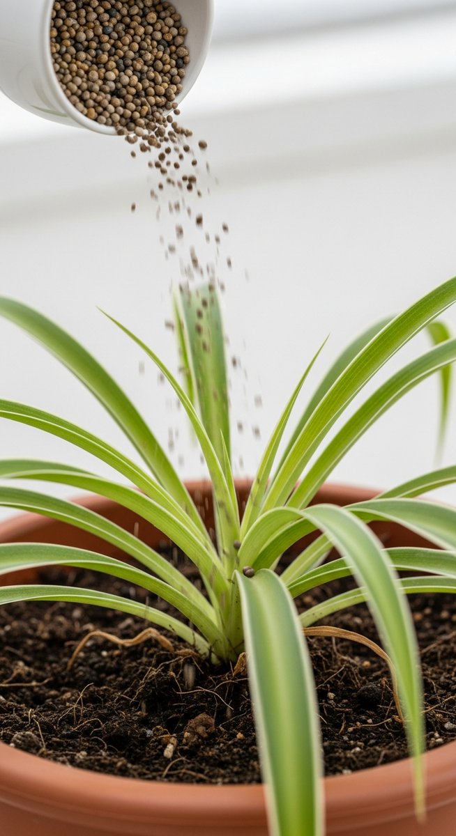 close-up of fertilizer granules being added to the soil of a spider plant plant, for fertilizing spider plants