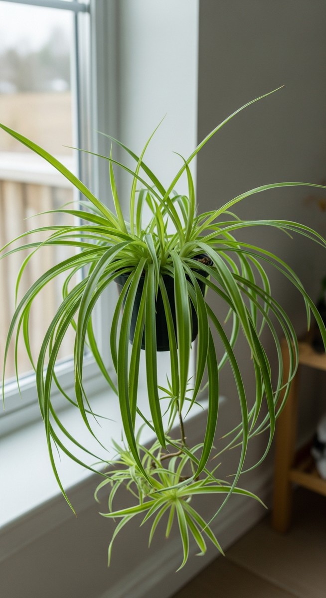 a healthy well-fertilized spider plant plant with lush green leaves