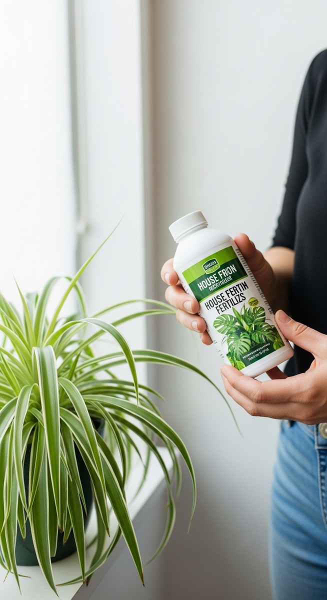 a person reading a fertilizer label standing next to a spider plant plant, for fertilizing spider plants