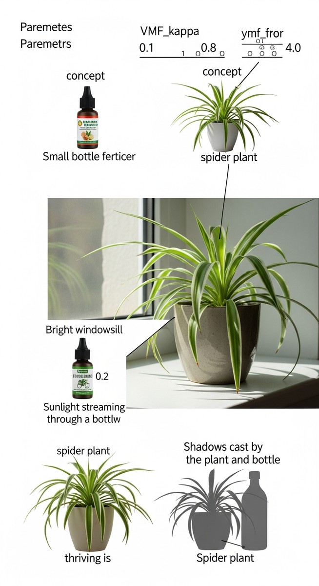 a fertilizer bottle placed next to a thriving spider plant plant on a windowsill