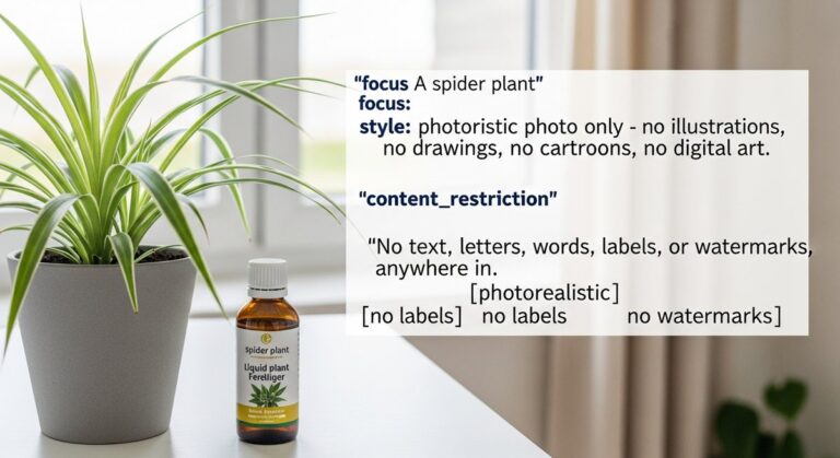a spider plant plant next to a bottle of liquid plant fertilizer, for fertilizing spider plants