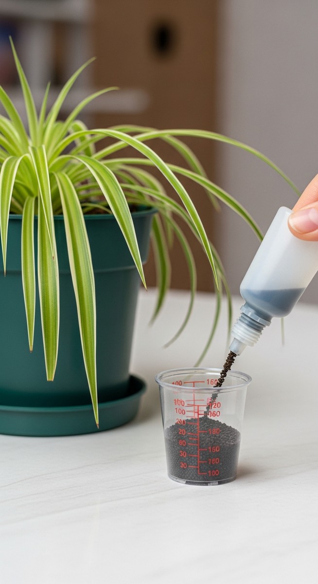 close-up of liquid fertilizer being measured next to a spider plant plant