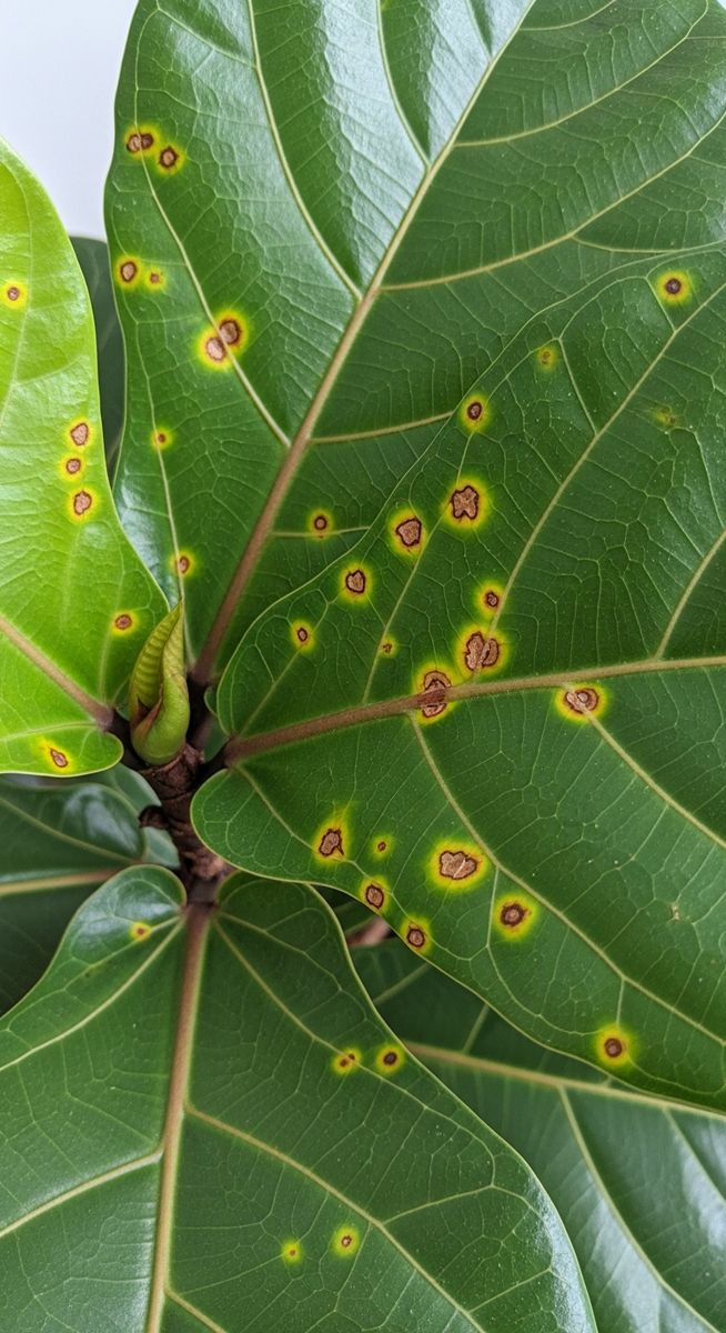 Close-up of fiddle leaf fig leaves showing small brown and yellow spots scattere, for fiddle leaf fig bacterial infection