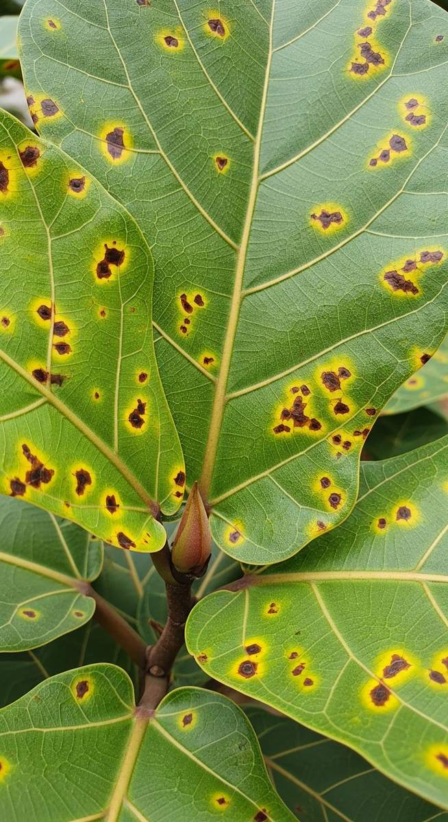 Close-up of fiddle leaf fig leaves showing small brown and yellow spots scattere, for fiddle leaf fig bacterial infection