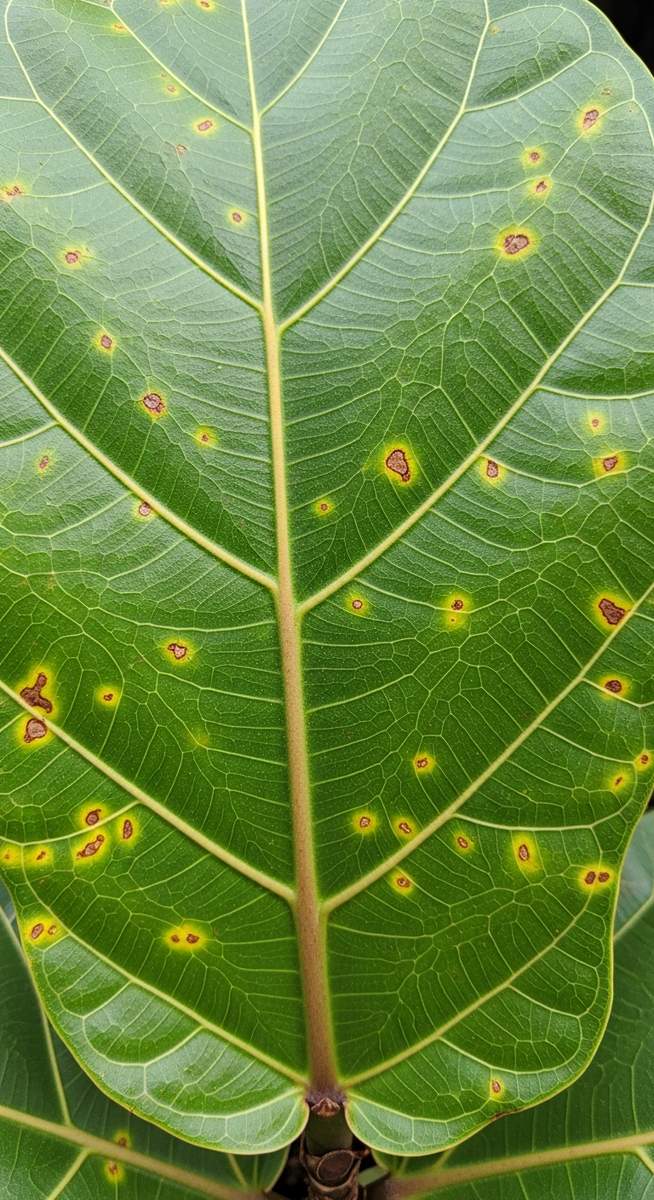 Close-up of fiddle leaf fig leaves showing small brown and yellow spots scattere