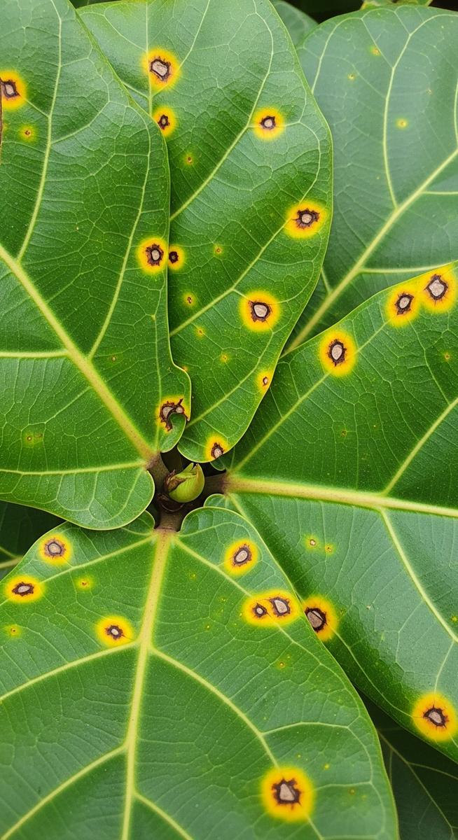 Close-up of fiddle leaf fig leaves showing small brown and yellow spots scattere