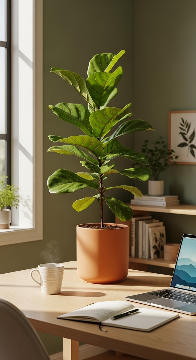 a fiddle leaf fig plant on a home office desk creating a calming atmosphere