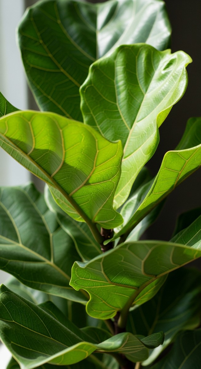 close-up of lush healthy fiddle leaf fig leaves looking vivid and fresh, for fiddle leaf fig benefits