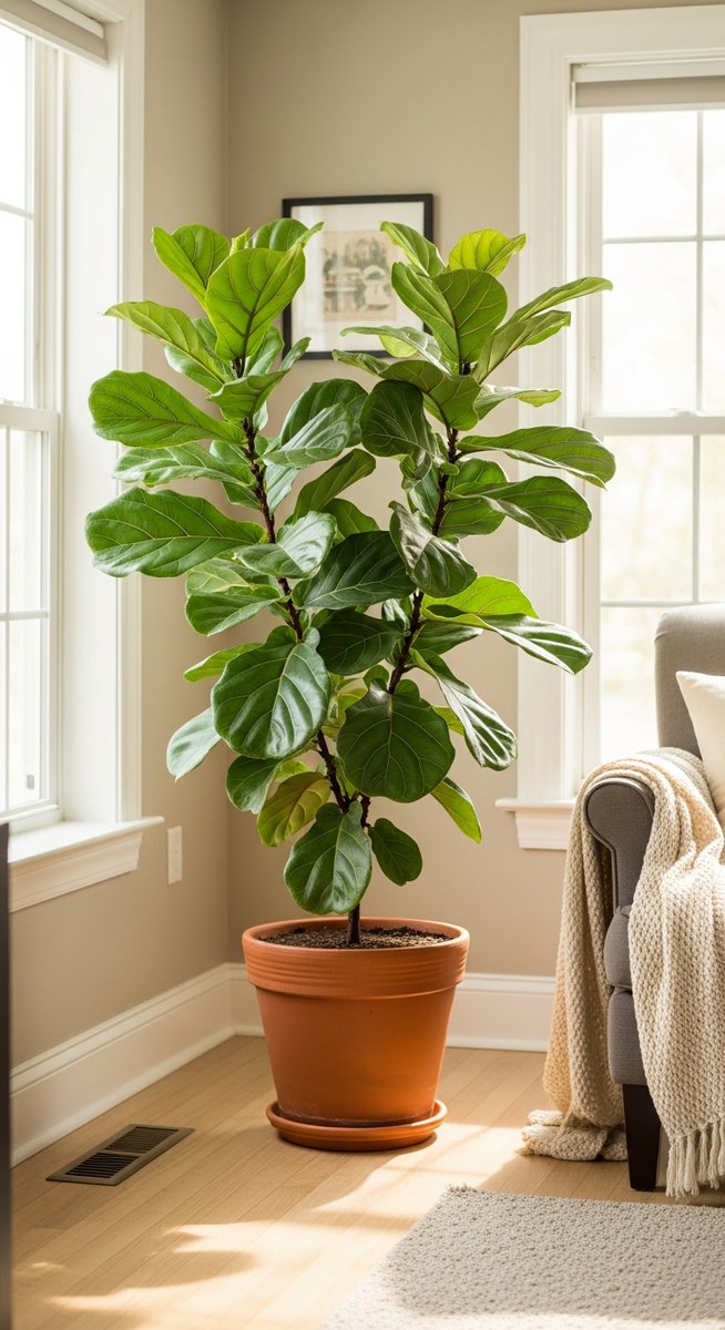 a fiddle leaf fig plant brightening up a home interior