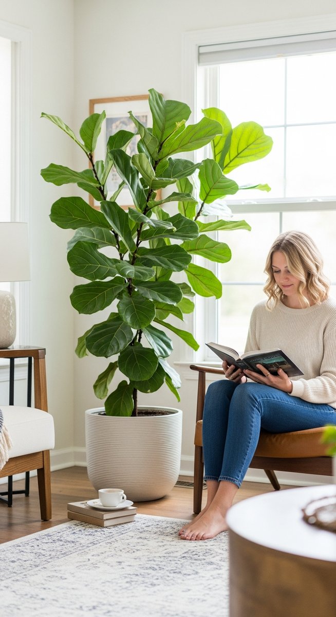 a person relaxing near a large fiddle leaf fig plant in a bright home interior