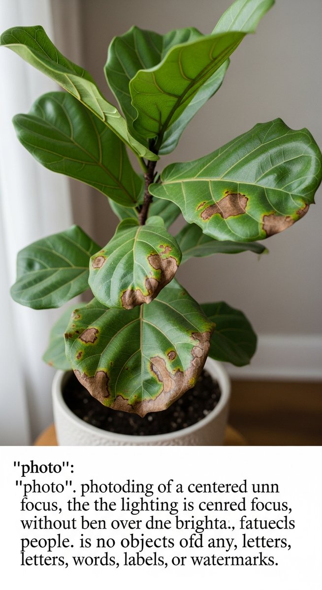 a fiddle leaf fig plant with several leaves showing brown spot damage