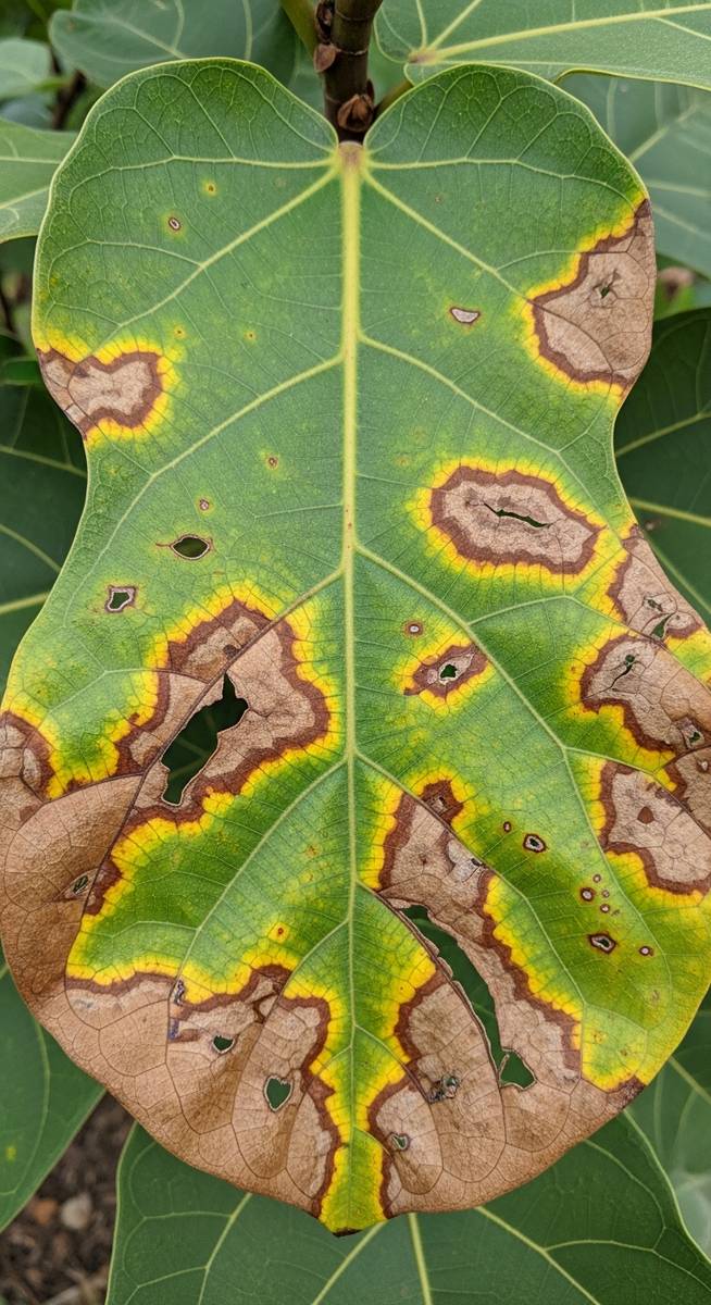 close-up of a single fiddle leaf fig leaf with brown spots and discolouration, for fiddle leaf fig brown spots