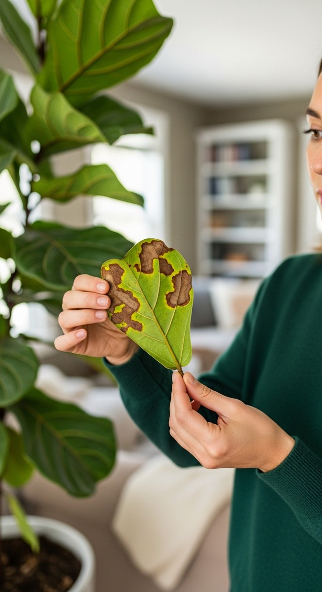 a person inspecting brown spots on a fiddle leaf fig leaf