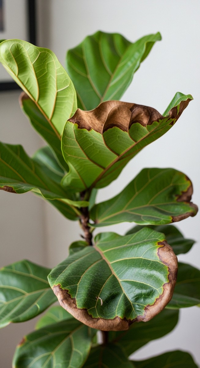 close-up of fiddle leaf fig leaves showing brown edges and spots, for fiddle leaf fig brown spots