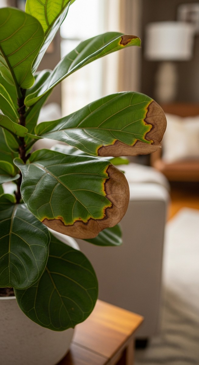 a fiddle leaf fig plant with brown spotted leaves in a home setting
