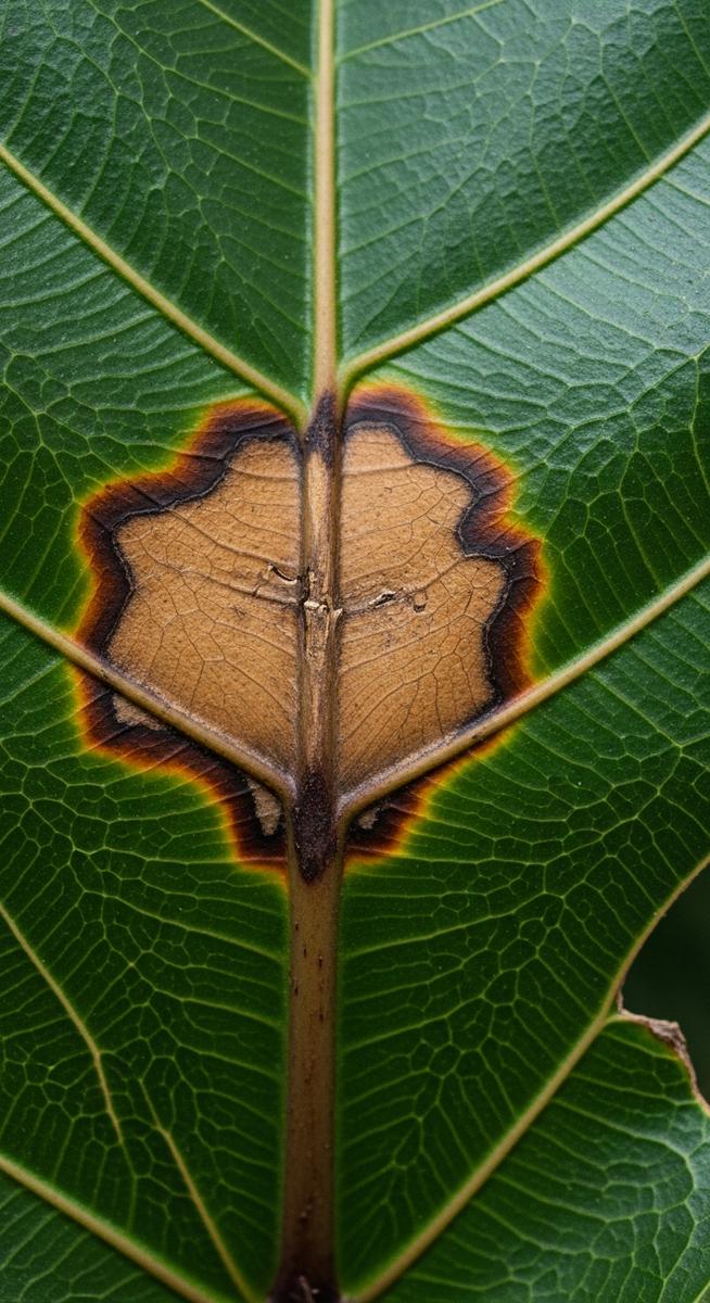 macro close-up of brown spot damage on a fiddle leaf fig leaf, for fiddle leaf fig brown spots