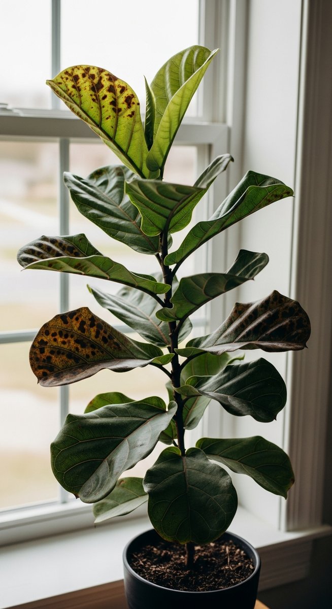 a fiddle leaf fig plant with brown spotted foliage on a windowsill