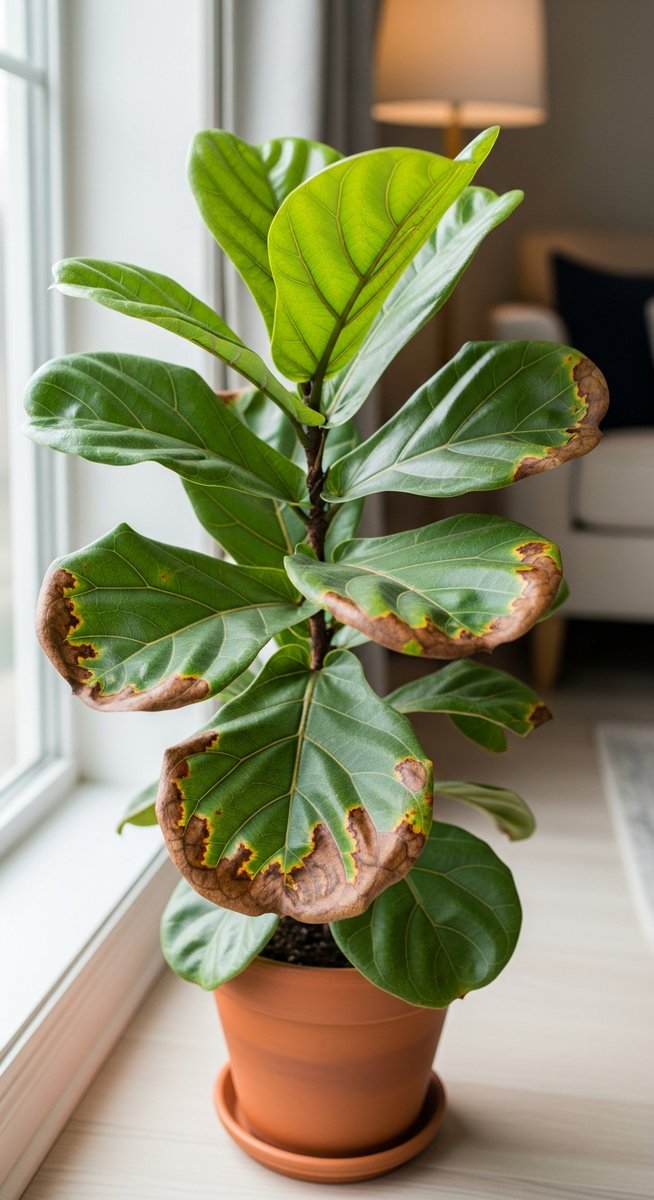 a fiddle leaf fig plant with brown spotted leaves in a home setting