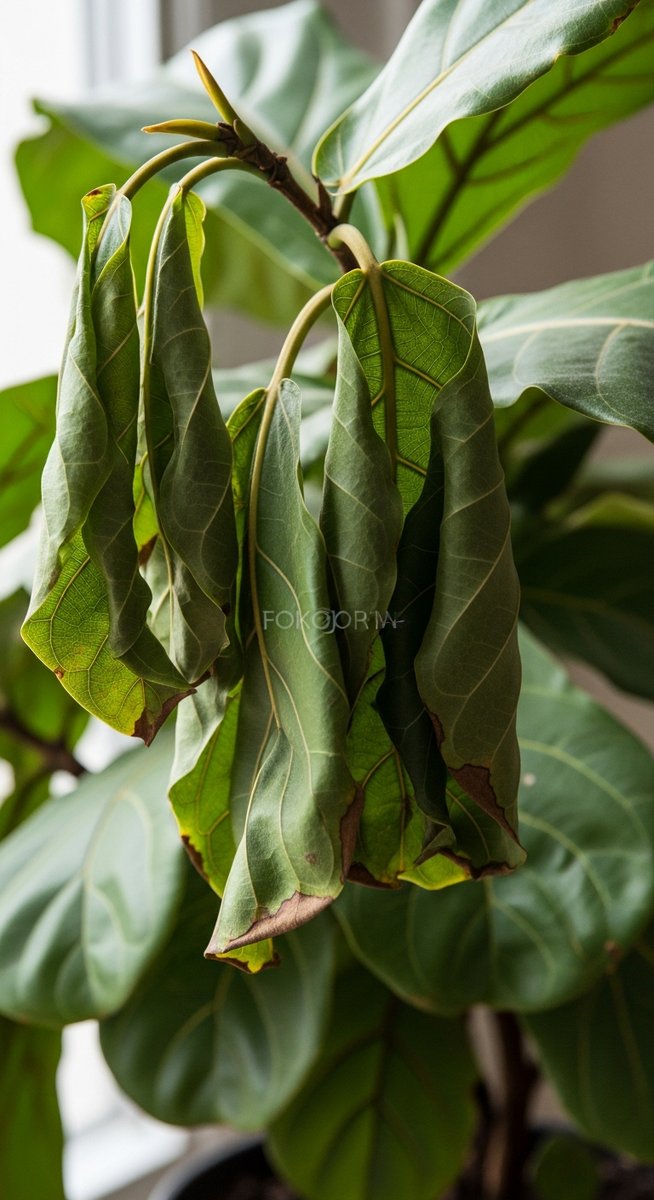 close-up of drooping fiddle leaf fig leaves hanging limply from the stem