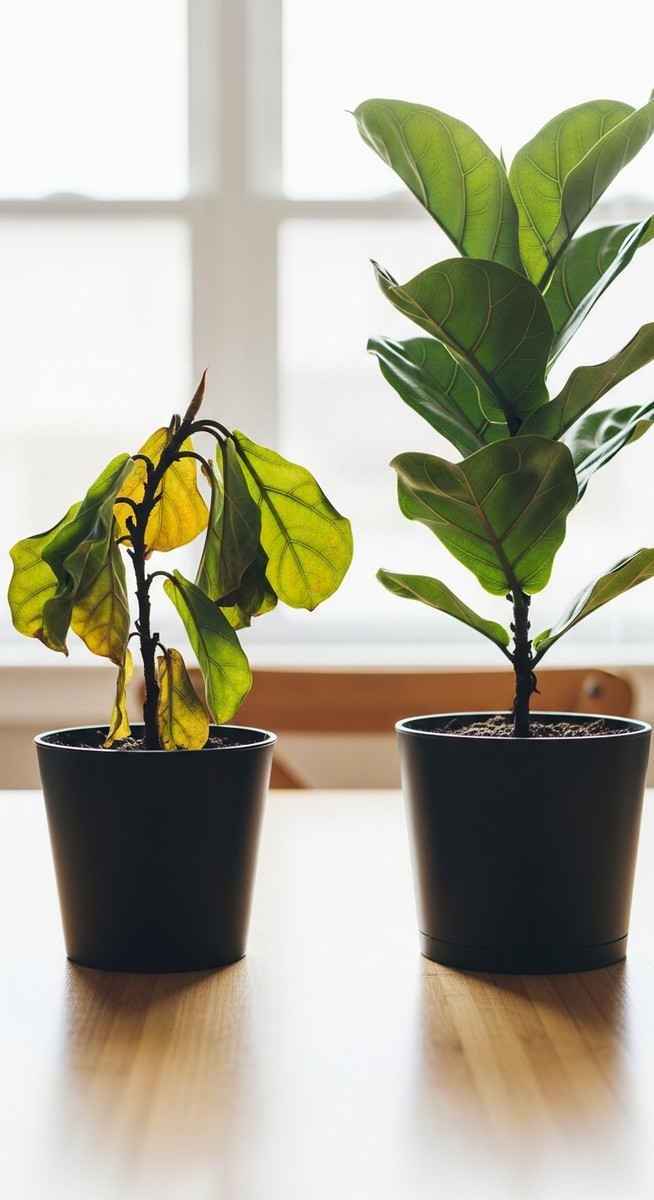 a wilting fiddle leaf fig plant compared to a healthy upright one, for fiddle leaf fig dropping leaves
