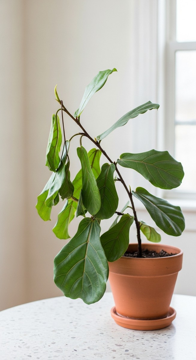 a wilting fiddle leaf fig plant in a pot with leaves drooping down