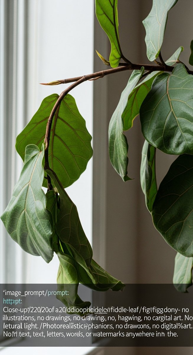 close-up of a drooping fiddle leaf fig stem with limp leaves, for fiddle leaf fig dropping leaves