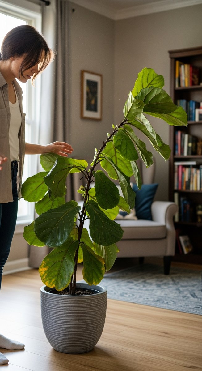 a person looking with concern at a drooping fiddle leaf fig plant