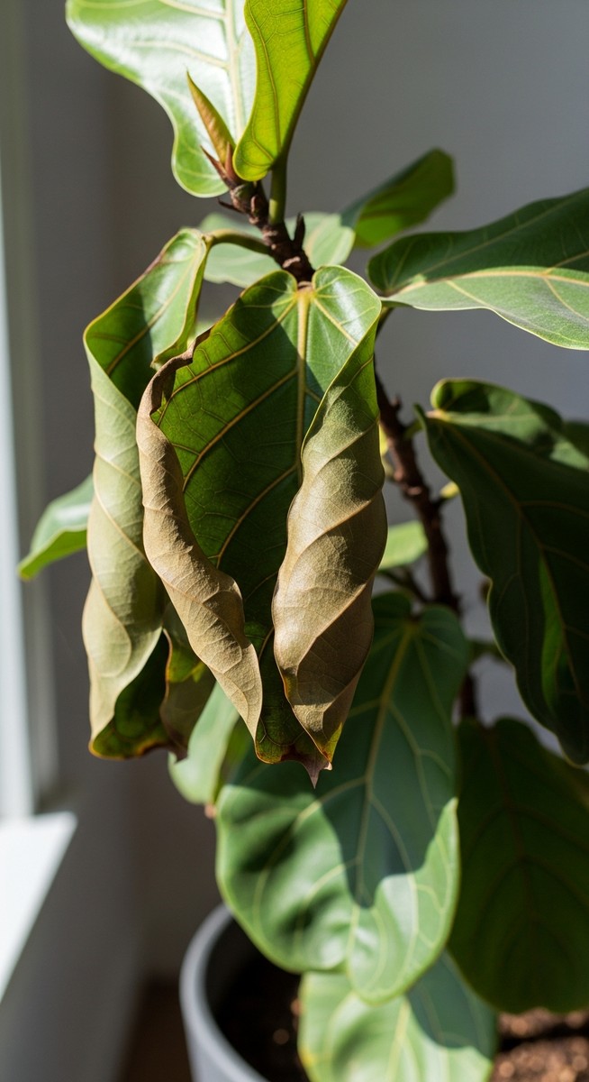 a fiddle leaf fig plant with leaves pointing downward from dehydration, for fiddle leaf fig dropping leaves
