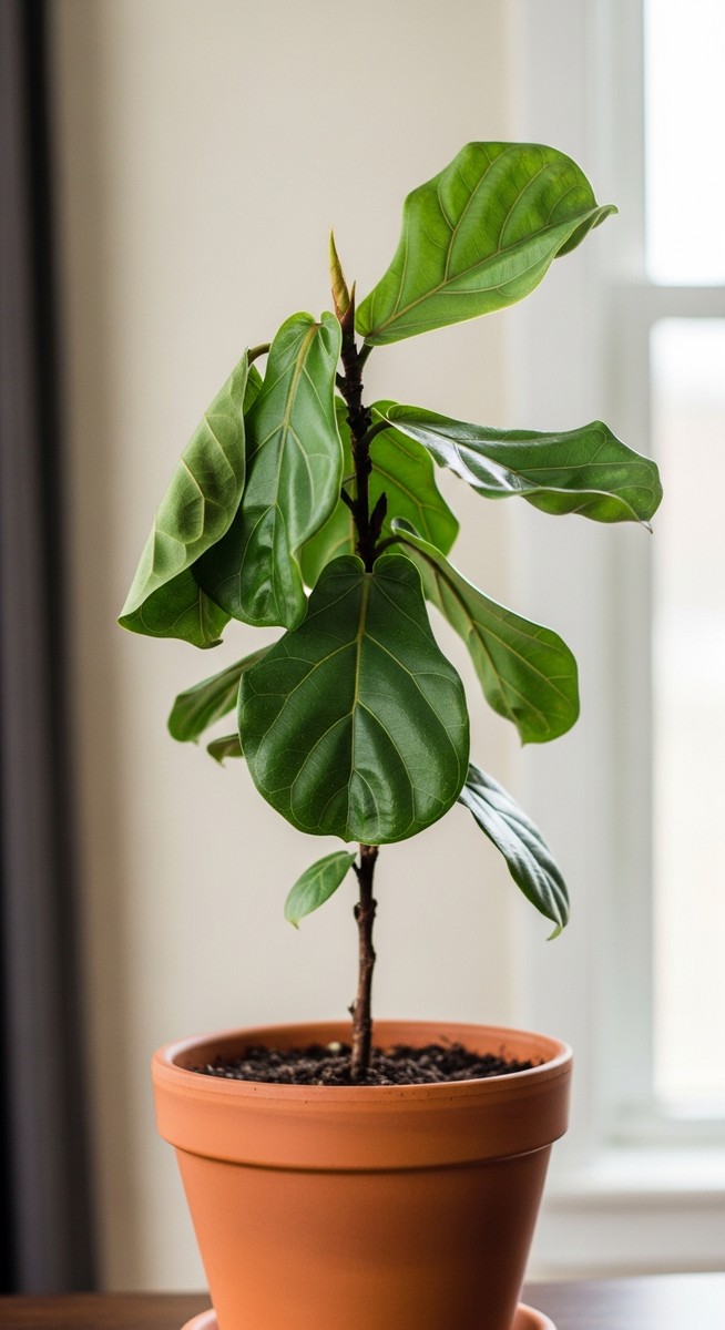 side view of a drooping fiddle leaf fig plant with limp hanging leaves