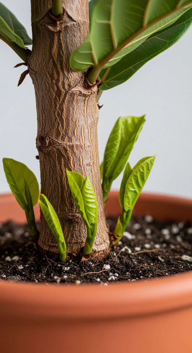 Close-up of the lower trunk of a fiddle leaf fig plant in a pot, for fiddle leaf fig growing leaves bottom