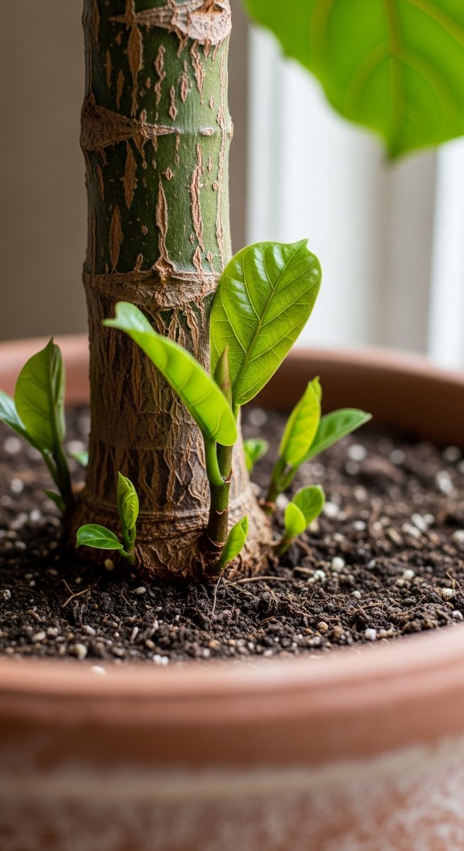 Close-up of the lower trunk of a fiddle leaf fig plant in a pot