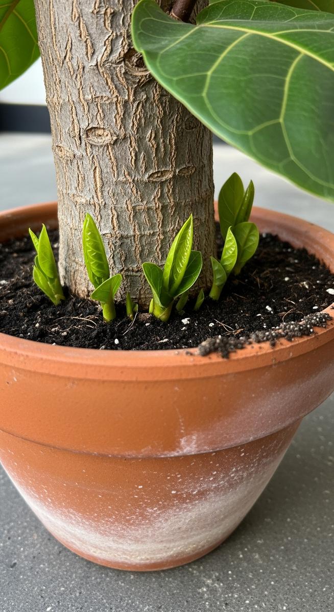 Close-up of the lower trunk of a fiddle leaf fig plant in a pot, for fiddle leaf fig growing leaves bottom