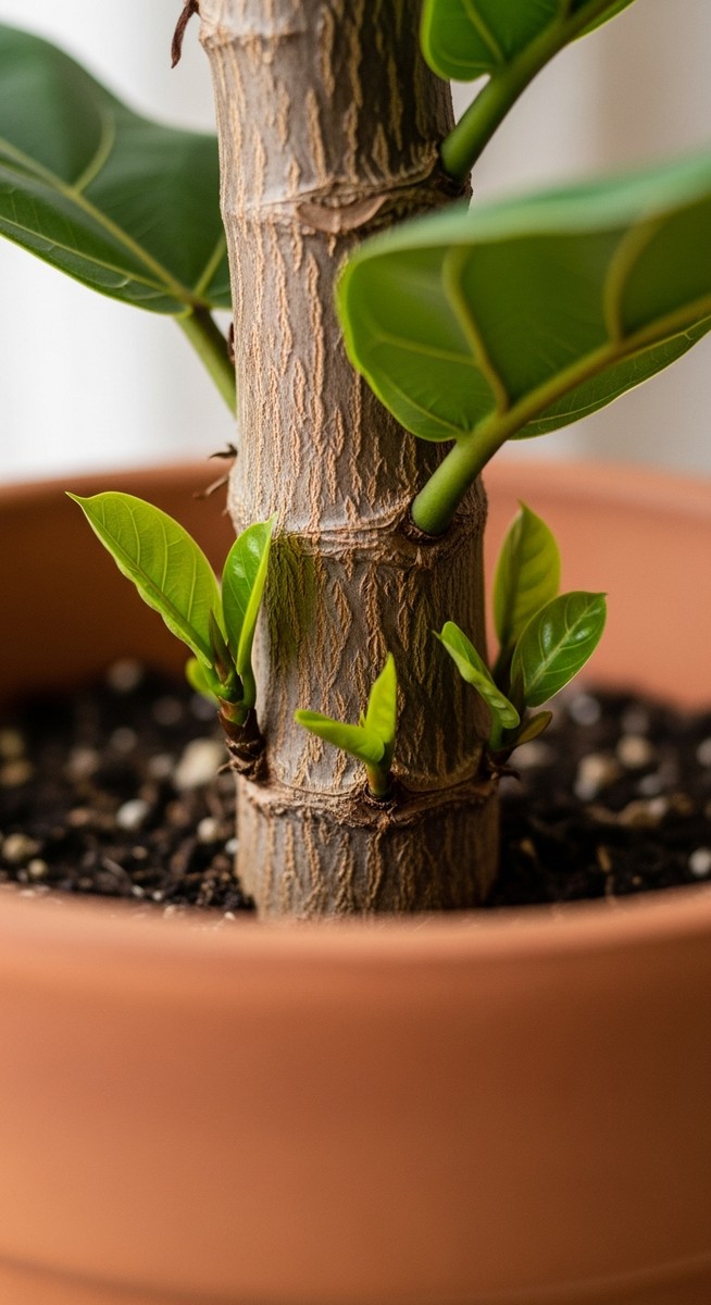 Close-up of the lower trunk of a fiddle leaf fig plant in a pot