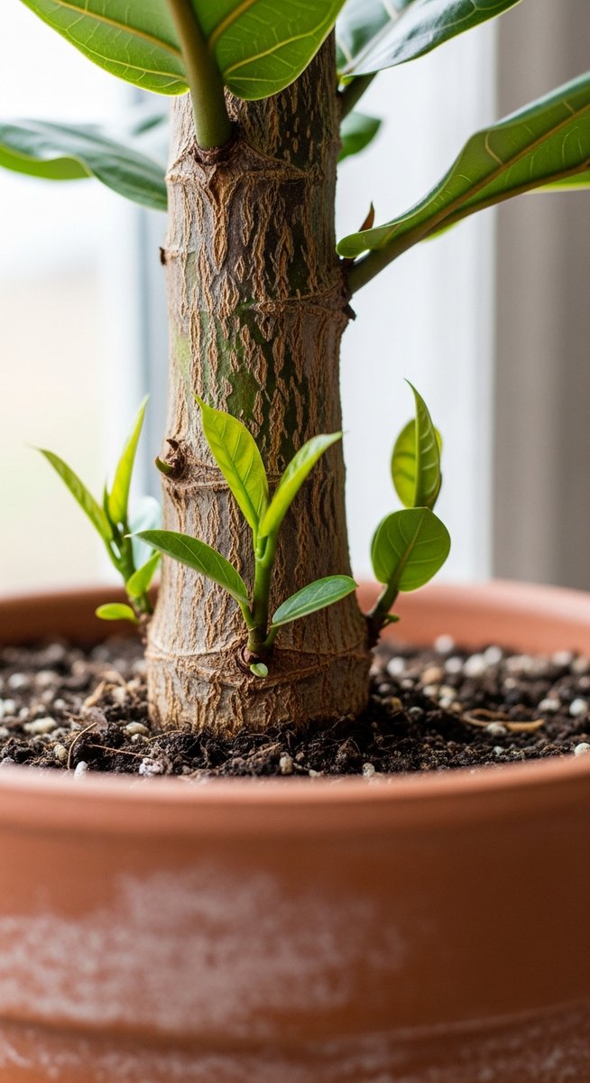 Close-up of the lower trunk of a fiddle leaf fig plant in a pot, for fiddle leaf fig growing leaves bottom