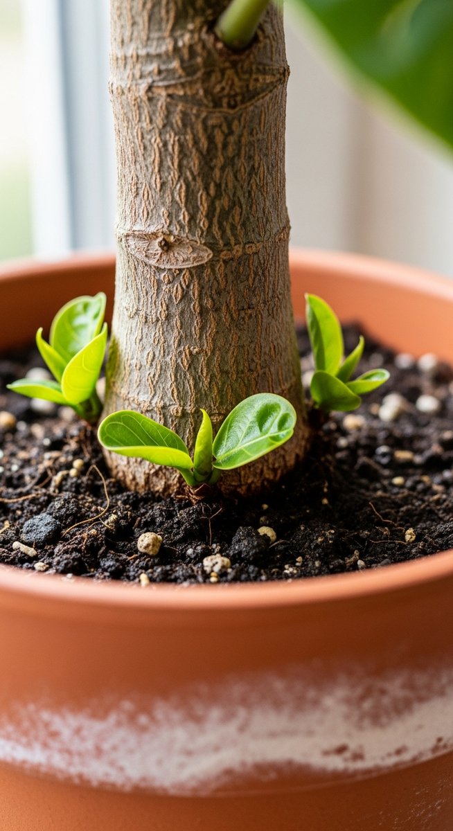 Close-up of the lower trunk of a fiddle leaf fig plant in a pot