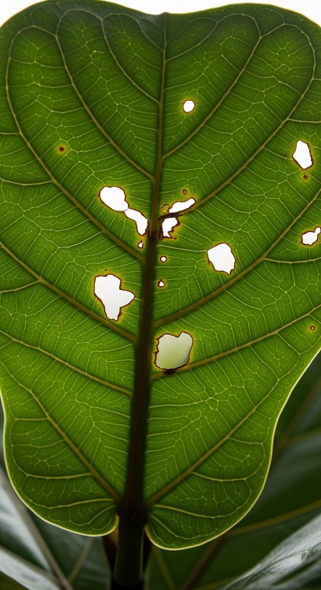 Close-up of a fiddle leaf fig leaf showing several small irregular holes through