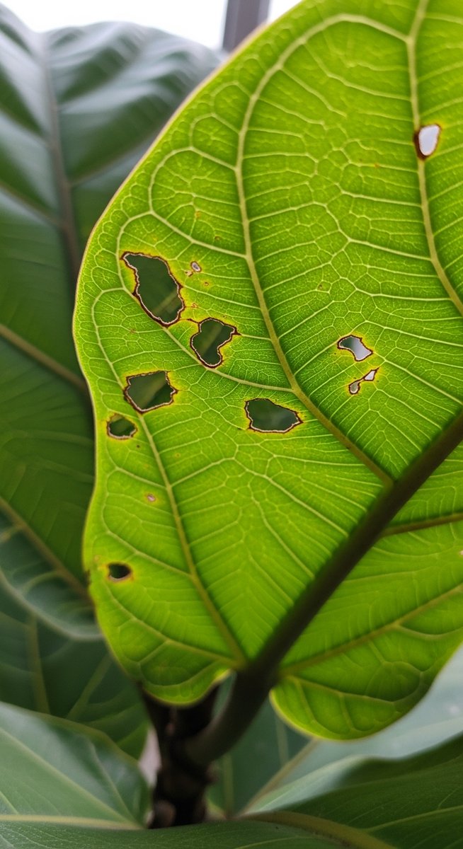 Close-up of a fiddle leaf fig leaf showing several small irregular holes through, for fiddle leaf fig holes leaves