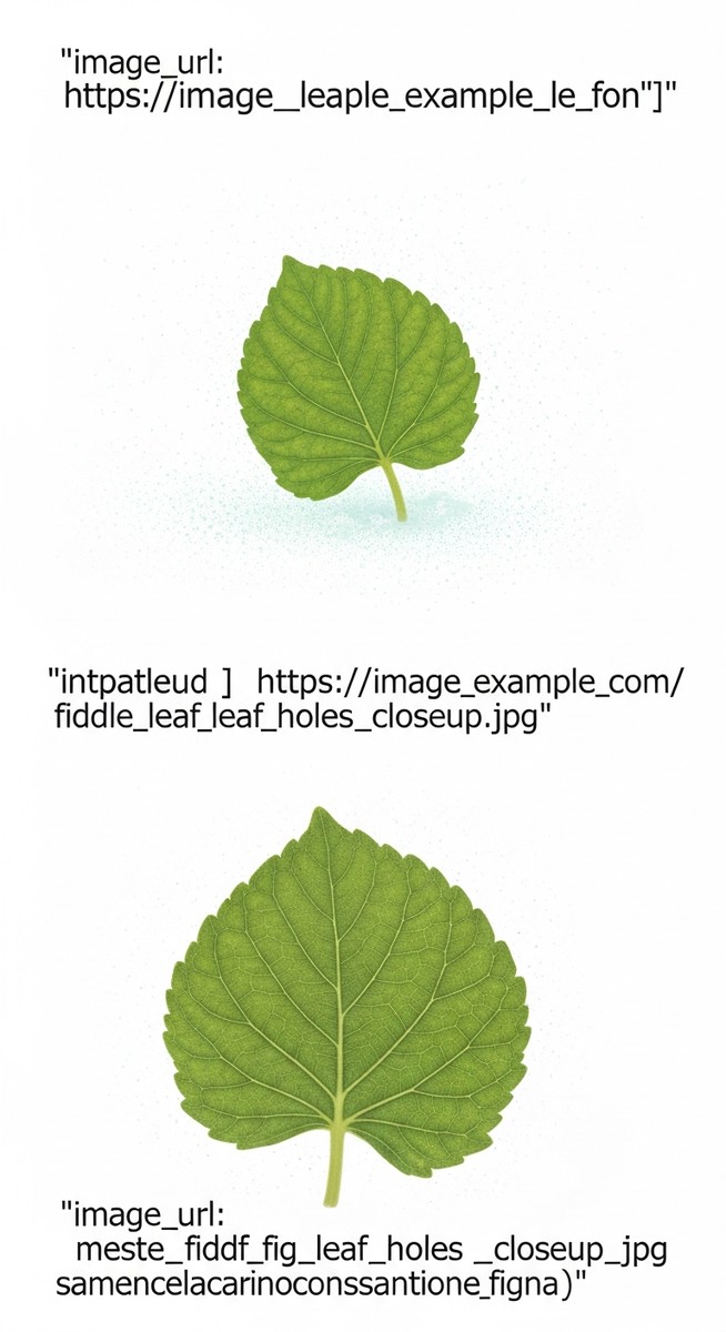 Close-up of a fiddle leaf fig leaf showing several small irregular holes through