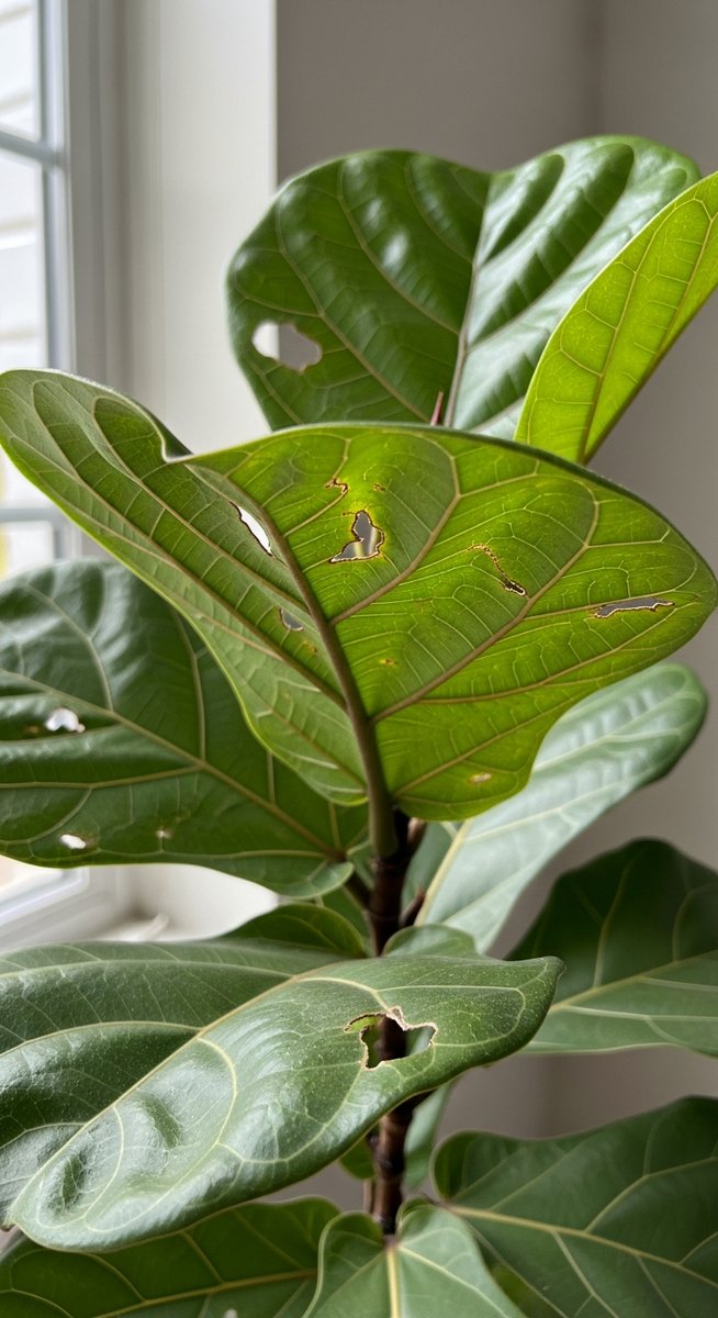 Close-up of a fiddle leaf fig leaf showing several small irregular holes through