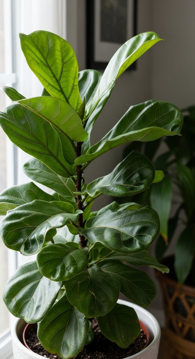a fiddle leaf fig plant with several curled and cupped leaves, for fiddle leaf fig leaves curling